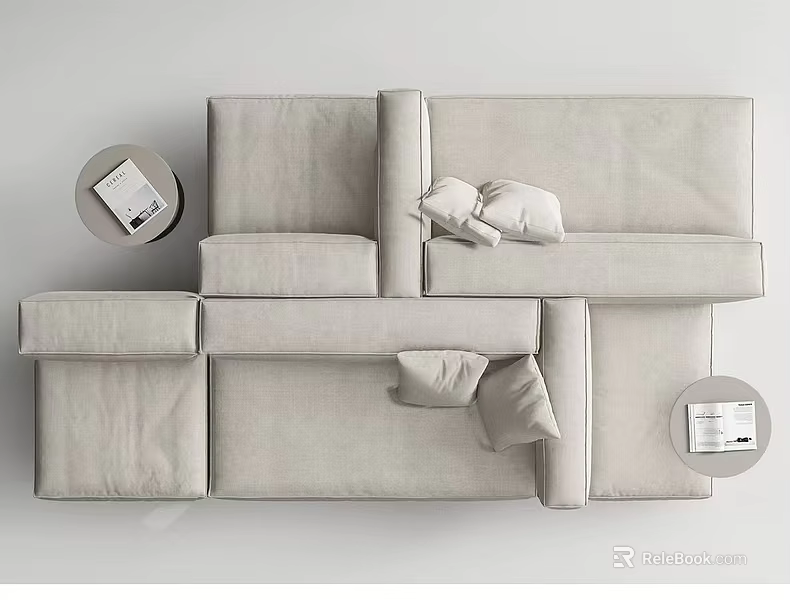 Modular Light Gray Leisure Sofa Set with Soft Cushions and Round Side Tables 3d model 