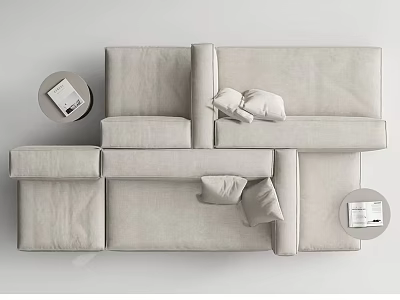 Modular Light Gray Leisure Sofa Set with Soft Cushions and Round Side Tables 3d model