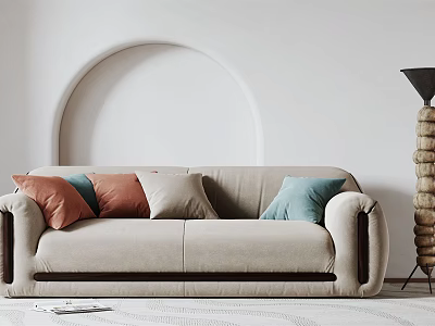 Beige Two Seater Sofa With Orange Light Blue Cream Pillows Arched Wall And Floor Lamp 3d model