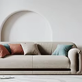 Beige Two Seater Sofa With Orange Light Blue Cream Pillows Arched Wall And Floor Lamp