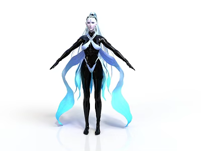 Futuristic Female Character With White Hair Blue Flowing Ribbons And Black Tight Fitting Outfit 3d model