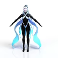 Futuristic Female Character With White Hair Blue Flowing Ribbons And Black Tight Fitting Outfit
