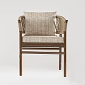Modern Single Chair With Wooden Frame Woven Armrests And Linen Seat Cushion