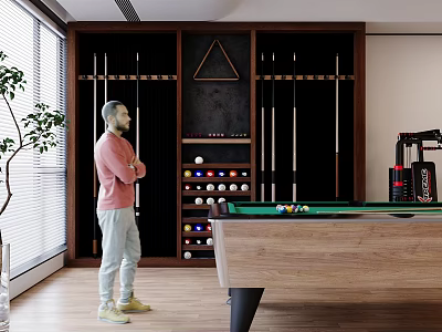 Modern Billiard Room Interior With Wooden Table Hanging Cues And Ball Rack 3d model