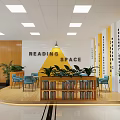 Cozy Leisure Area with Reading Space Yellow Walls Bookshelves Blue Chairs and Green Plants