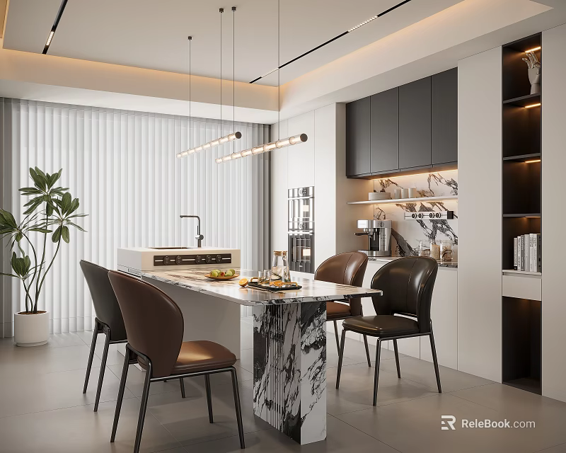 Modern Dining Room Interior With Marble Table Leather Chairs And Pendant Lights 3d model