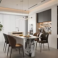 Modern Dining Room Interior With Marble Table Leather Chairs And Pendant Lights 3d model
