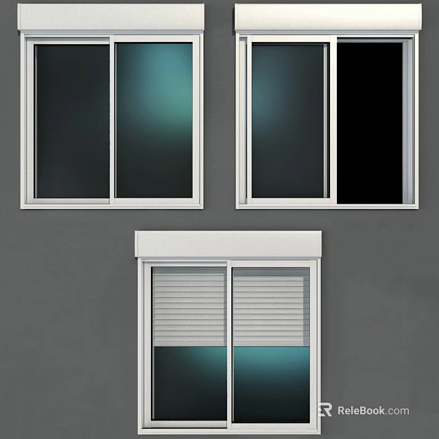 White Framed Casement Windows On Gray Wall With Different Glass And Shutters 3d model 