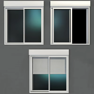 White Framed Casement Windows On Gray Wall With Different Glass And Shutters 3d model