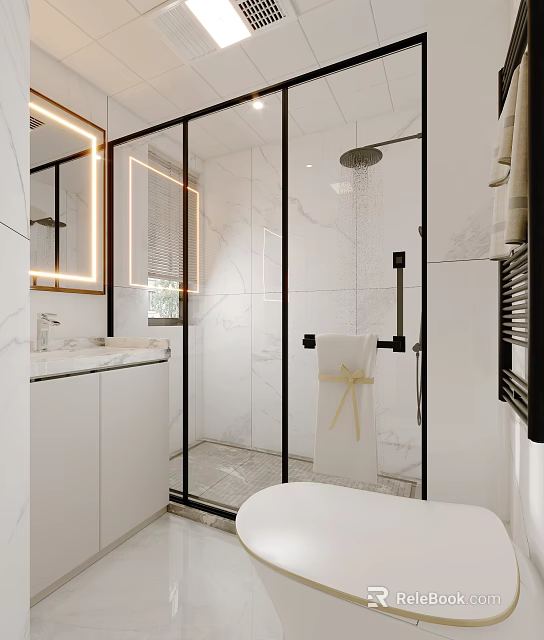 Modern Bathroom Interior With Marble Walls Glass Shower Lighted Mirror And White Vanity 3d model 