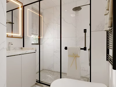 Modern Bathroom Interior With Marble Walls Glass Shower Lighted Mirror And White Vanity 3d model