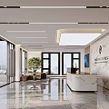 Modern Office Reception Desk With Marble Wall Company Logo And Ceiling Lights