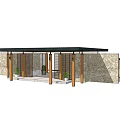 Modern Entrance Gate Design With Wooden Pergola Stone Wall And Potted Plants
