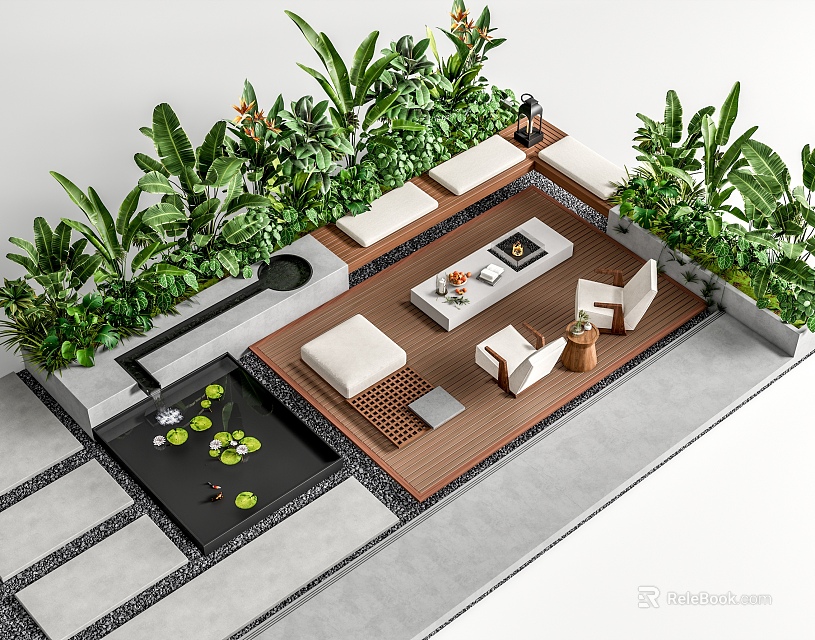 Outdoor Sofa in Modern Garden Terrace with Lush Green Plants Water Feature and Coffee Table 3d model 