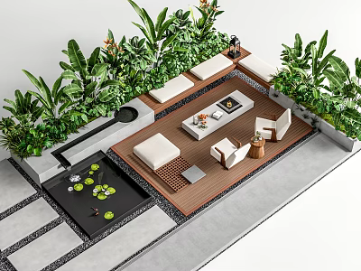 Outdoor Sofa in Modern Garden Terrace with Lush Green Plants Water Feature and Coffee Table 3d model