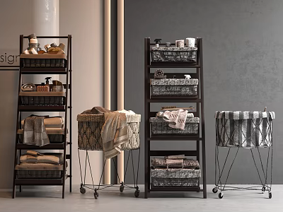 Modern Bathroom Shelving Units And Rolling Carts With Multi Tiered Storage For Towels And Baskets 3d model