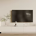Modern White TV Stand Interior With Wall Mounted TV Decorative Plants And Photo Frames