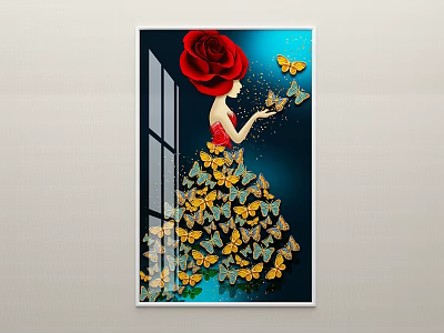 Artistic Portrait of Woman With Red Rose Headpiece and Yellow Butterfly Dress by Window 3d model