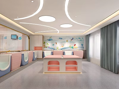 Modern Kids Swimming Pool Interior With Colorful Facilities And Cartoon Wall Decor 3d model