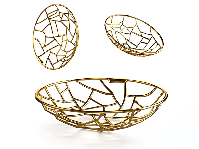 Set of Three Golden Oval Shaped Metal Mesh Decorative Storage Baskets 3d model