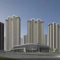 Modern High Rise Residential Buildings With Glass Curtain Walls And Commercial Podium