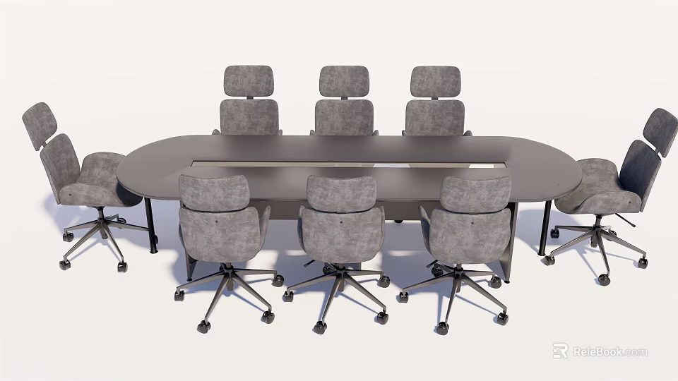 Large Conference Table With Gray Upholstered Rolling Chairs For Office Meeting Room 3d model 