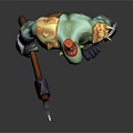 Green Skin Game Movie Character With Red Headdress Yellow Shoulder Armor Skull Decoration And Dagger