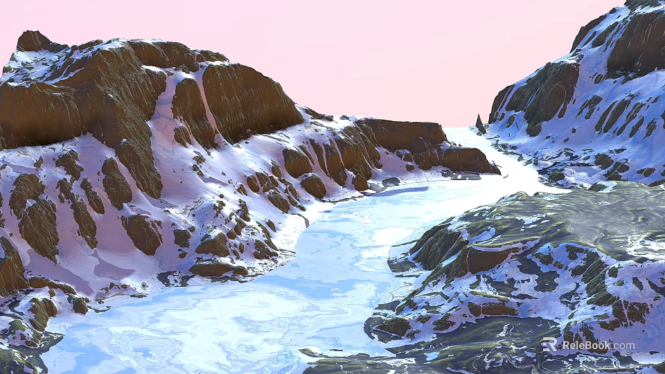 Scenic Snowy Mountain River Landscape With Rocky Banks And Clear Water 3d model 