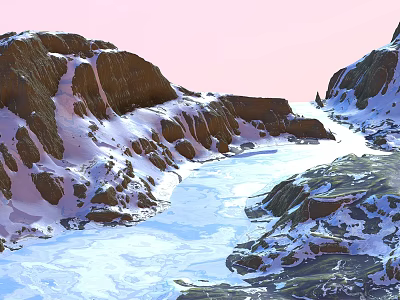 Scenic Snowy Mountain River Landscape With Rocky Banks And Clear Water 3d model