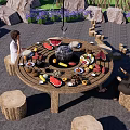 Roof Garden with Round Table Tree Stump Stools Purple Flowers Rocks and Grilled Food