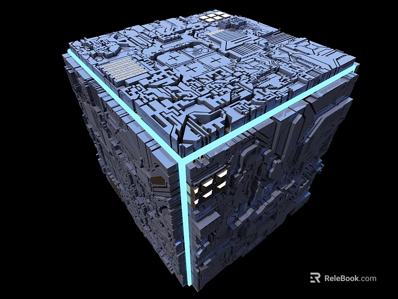 Futuristic Cube With Intricate Mechanical Textures And Blue Glowing Edges 3d model