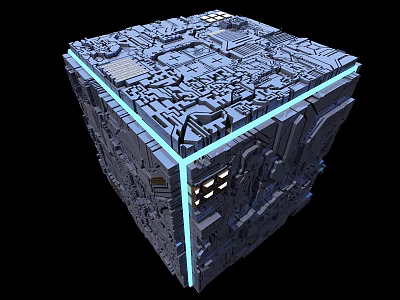 Futuristic Cube With Intricate Mechanical Textures And Blue Glowing Edges 3d model
