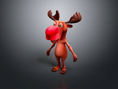 Cartoon Moose Character with Big Red Nose and Brown Antlers in Playful Animated Design 3d model