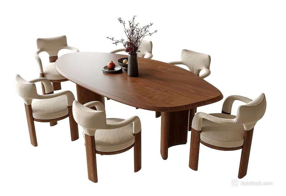 Oval Wooden Dining Table with Six Chairs and Light Cushions Vase Dried Flowers on Tray 3d model 