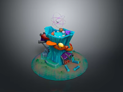 Whimsical Fantasy Treehouse Landscape With Blue Trunk Slide Small House And Circular Base 3d model