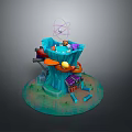 Whimsical Fantasy Treehouse Landscape With Blue Trunk Slide Small House And Circular Base