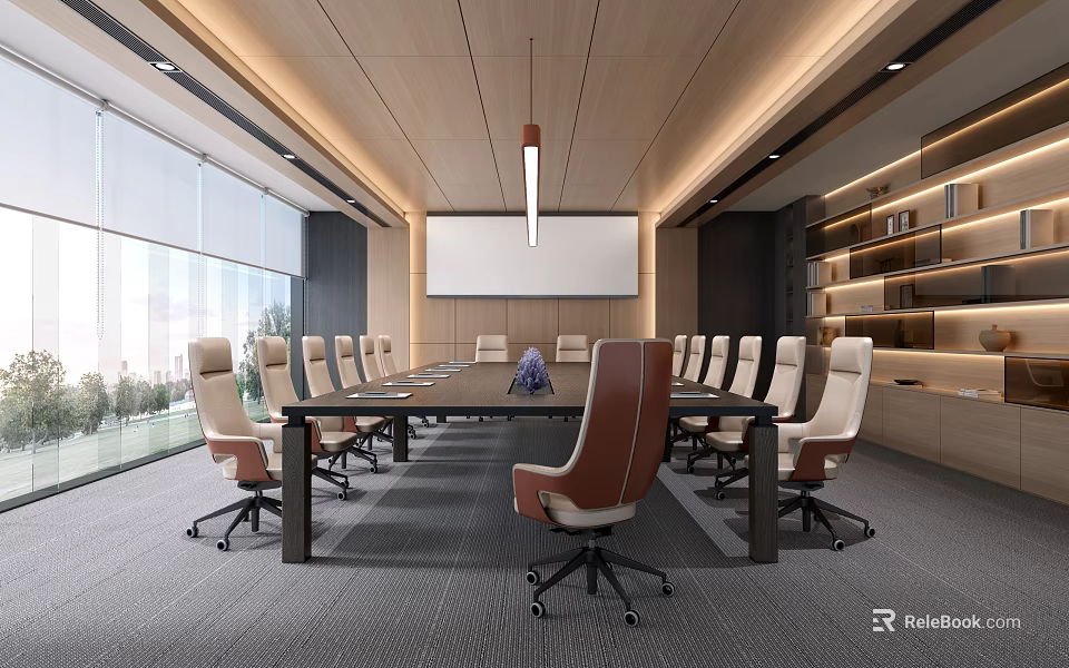 Modern Conference Room Interior With Long Table Ergonomic Chairs And Floor To Ceiling Windows 3d model 