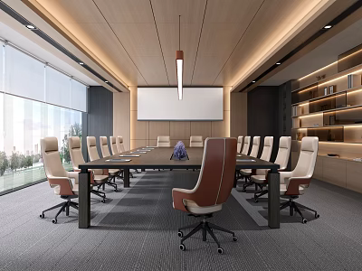 Modern Conference Room Interior With Long Table Ergonomic Chairs And Floor To Ceiling Windows 3d model