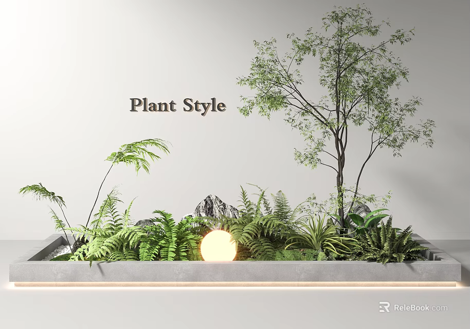 Micro Landscape Design With Plant Style Green Plants Illuminated Sphere And Stone Elements 3d model