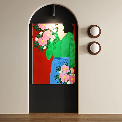 Abstract Painting Of Person In Green Top Blue Pants Holding Pink Flowers On Red Background 3d model