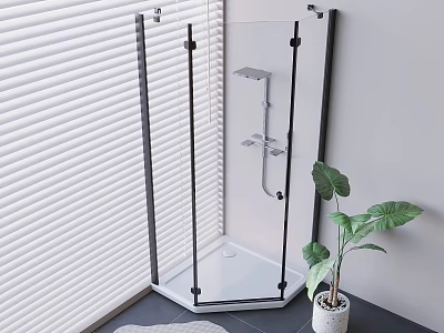 Shower Head in Glass Shower Enclosure with Black Frame White Tiles Window Blinds and Plant 3d model