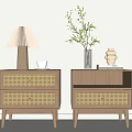 Modern Wooden Nightstands With Rattan Drawers White Cup Lamp Vase Green Plant Books Decorative Item