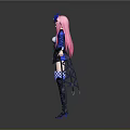 3D Character Model With Pink Purple Hair Blue Headdress Black White Blue Outfit And Black Boots