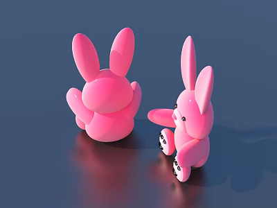 Two Pink Rabbit Dolls With Back And Side Views On Shiny Surface 3d model