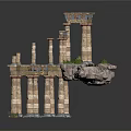 Ancient Architectural Ruins With Tall Columns On Floating Rock Platform And Green Plants