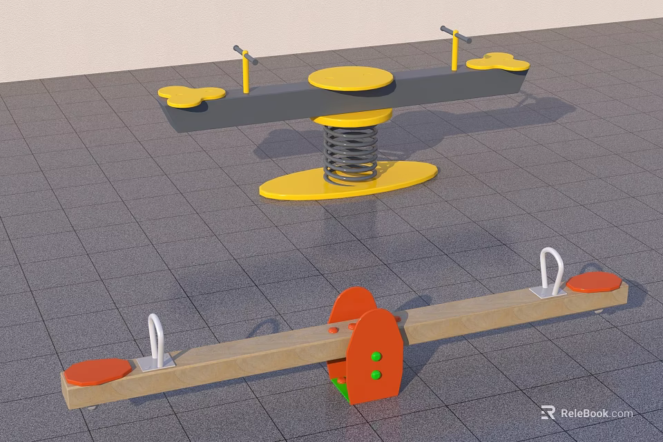 Outdoor Playground Equipment With Yellow Spring Swing And Orange Seesaw For Kids 3d model 