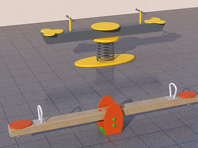 Outdoor Playground Equipment With Yellow Spring Swing And Orange Seesaw For Kids 3d model