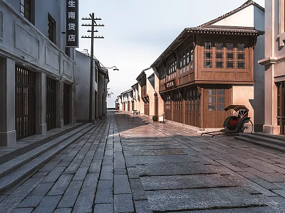Traditional Commercial Street With Historic Architecture Stone Paved Road And Shops On Both Sides 3d model