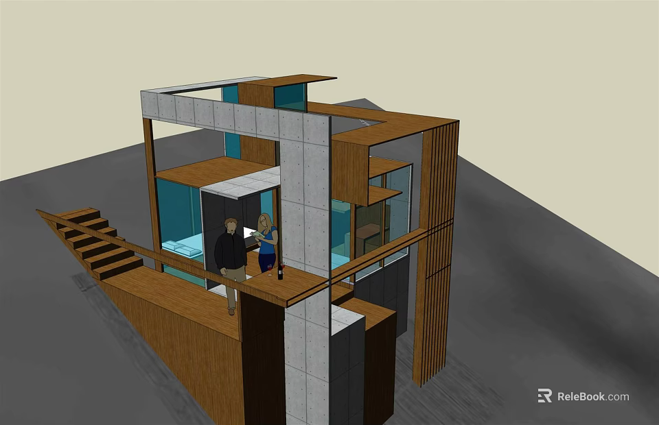 Modern Architectural Model With Wooden Concrete Structure And Glass Interior Space 3d model 