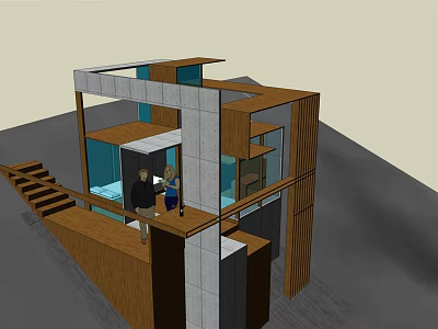 Modern Architectural Model With Wooden Concrete Structure And Glass Interior Space 3d model